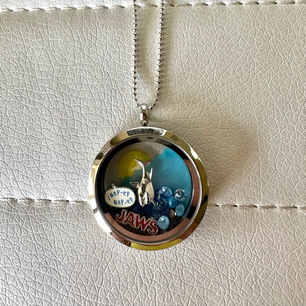 Origami Owl Limited Edition Jaws Living Locket on silver ball chain necklace.